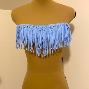 Blue bandeau bathing suit with fringe